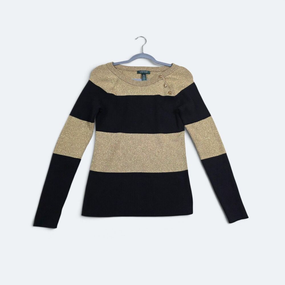 Lauren Ralph Lauren Metallic Gold Black Striped Button Shoulder Knit Sweater